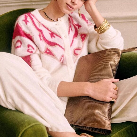 NWT Sezane Margaux Cardigan Fair Isle Knit White Pink Wool Blend Sweater - Picture 2 of 9